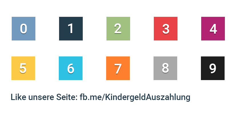 Farblegende der Endziffern: 0 Blau, 1 Dunkelblau, 2 Grün, 3 Rot, 4 Rosa, 5 Gelb, 6 Türkis, 7 Orange, 8 Grau, 9 Schwarz.